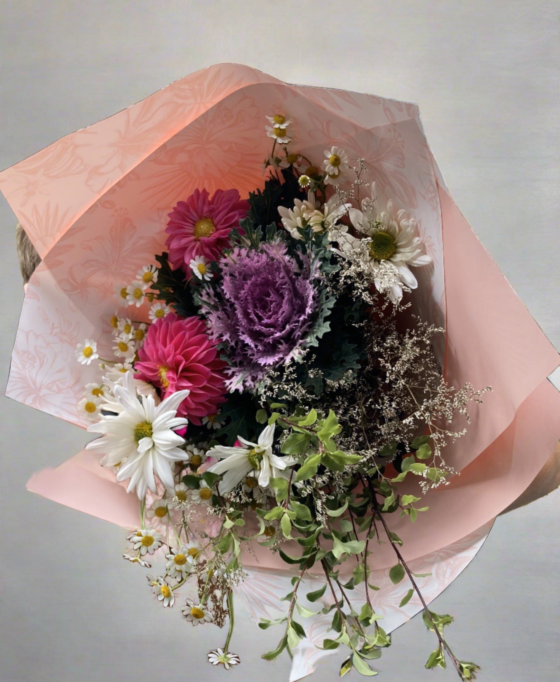 Our Dreamy fresh bouquet is a combination of pretty, pastel blooms. A mix of impressive seasonal flowers, florist choice depending on availability. This bouquet is sure to impress.  Large or Medium options available.